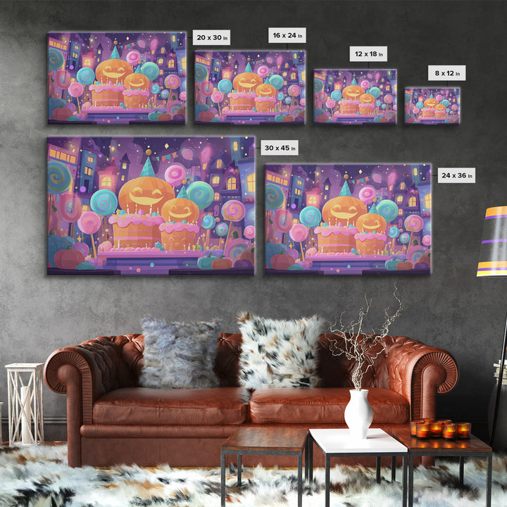 The Great Pumpkin Birthday Party, Cute Spooky Neon Art, Landscape Wall Art, Canvas Print, Retro Halloween Decor, Neon Wall Art