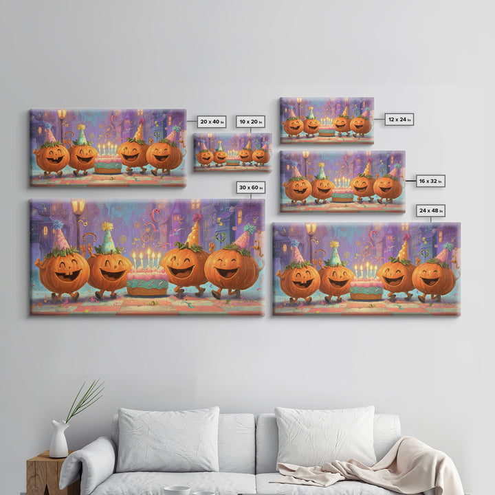 The Great Pumpkin Birthday Party, 80s Halloween Wall Art, Wide Panoramic Art, Framed Canvas Print, Retro Halloween Decor, Neon Wall Art
