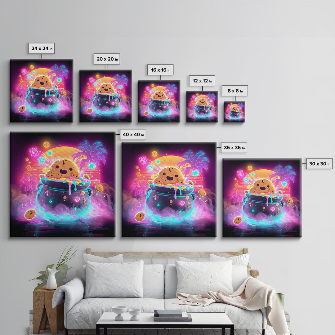 The Cookie Cauldron, Vaporwave Halloween Decor, Square Wall Art, Framed Canvas Print, Retro Halloween Decor, Neon Wall Art