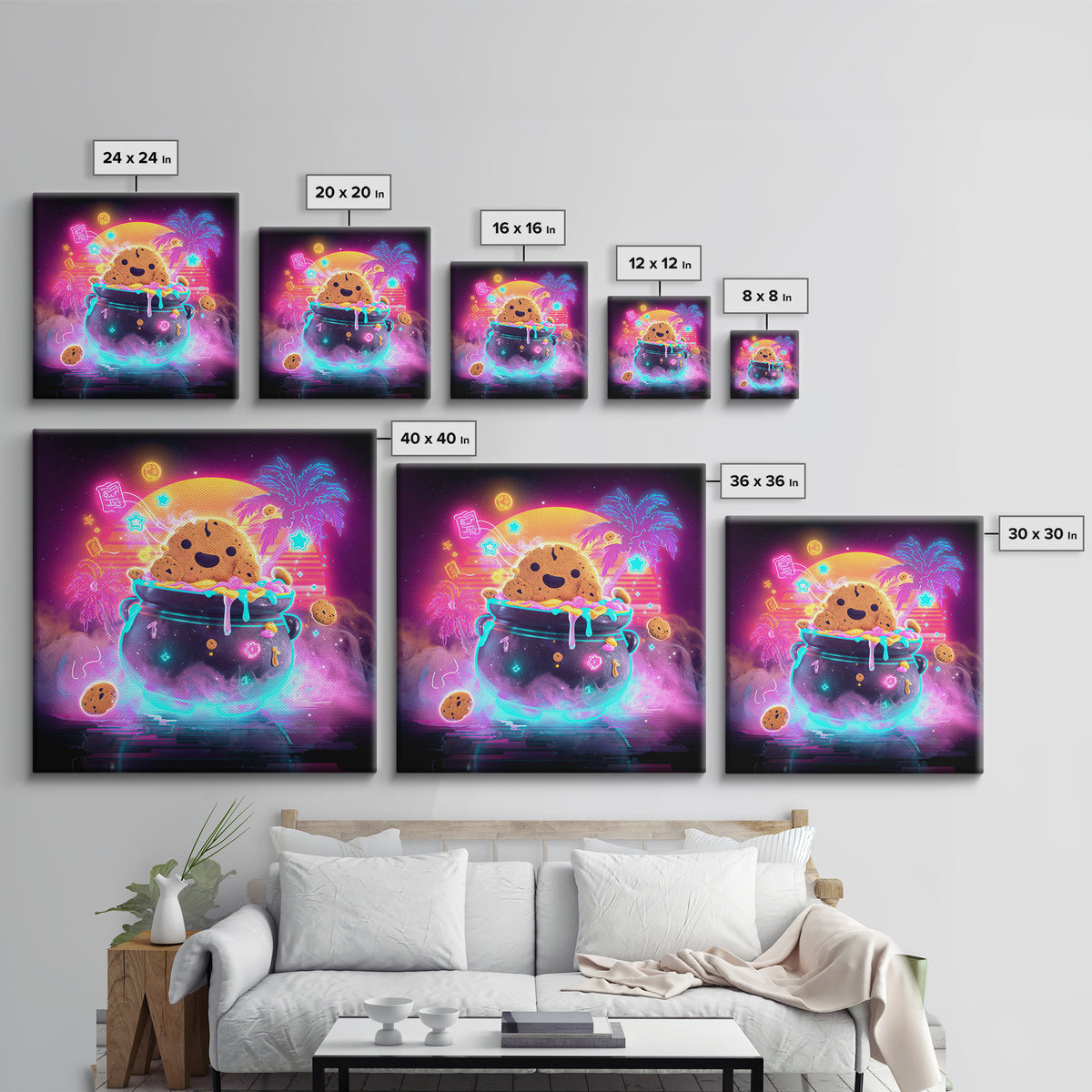 The Cookie Cauldron, Vaporwave Halloween Decor, Square Wall Art, Framed Canvas Print, Retro Halloween Decor, Neon Wall Art