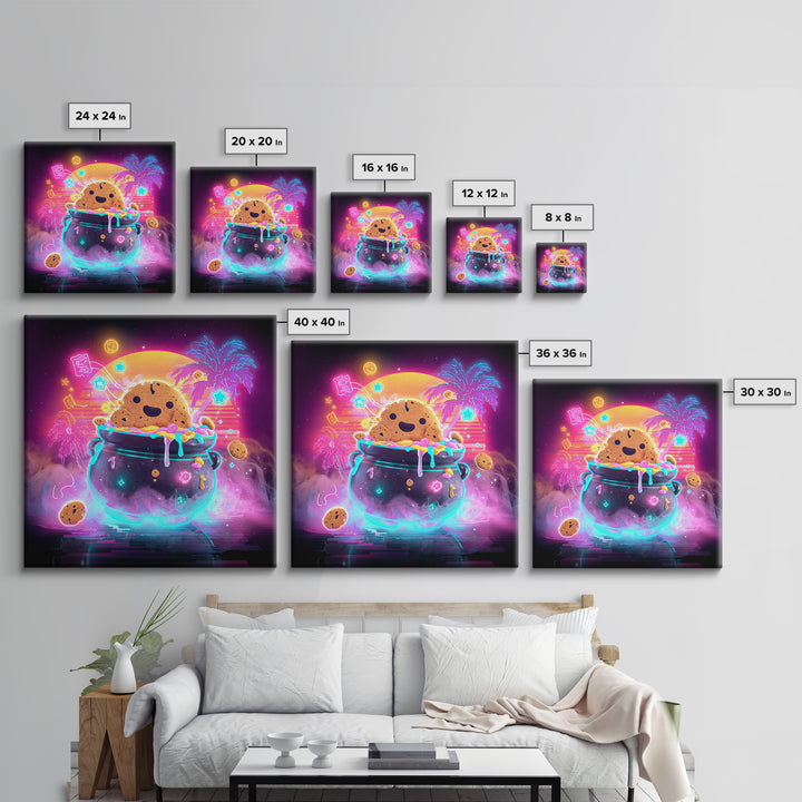 The Cookie Cauldron, Vaporwave Halloween Decor, Square Wall Art, Framed Canvas Print, Retro Halloween Decor, Neon Wall Art