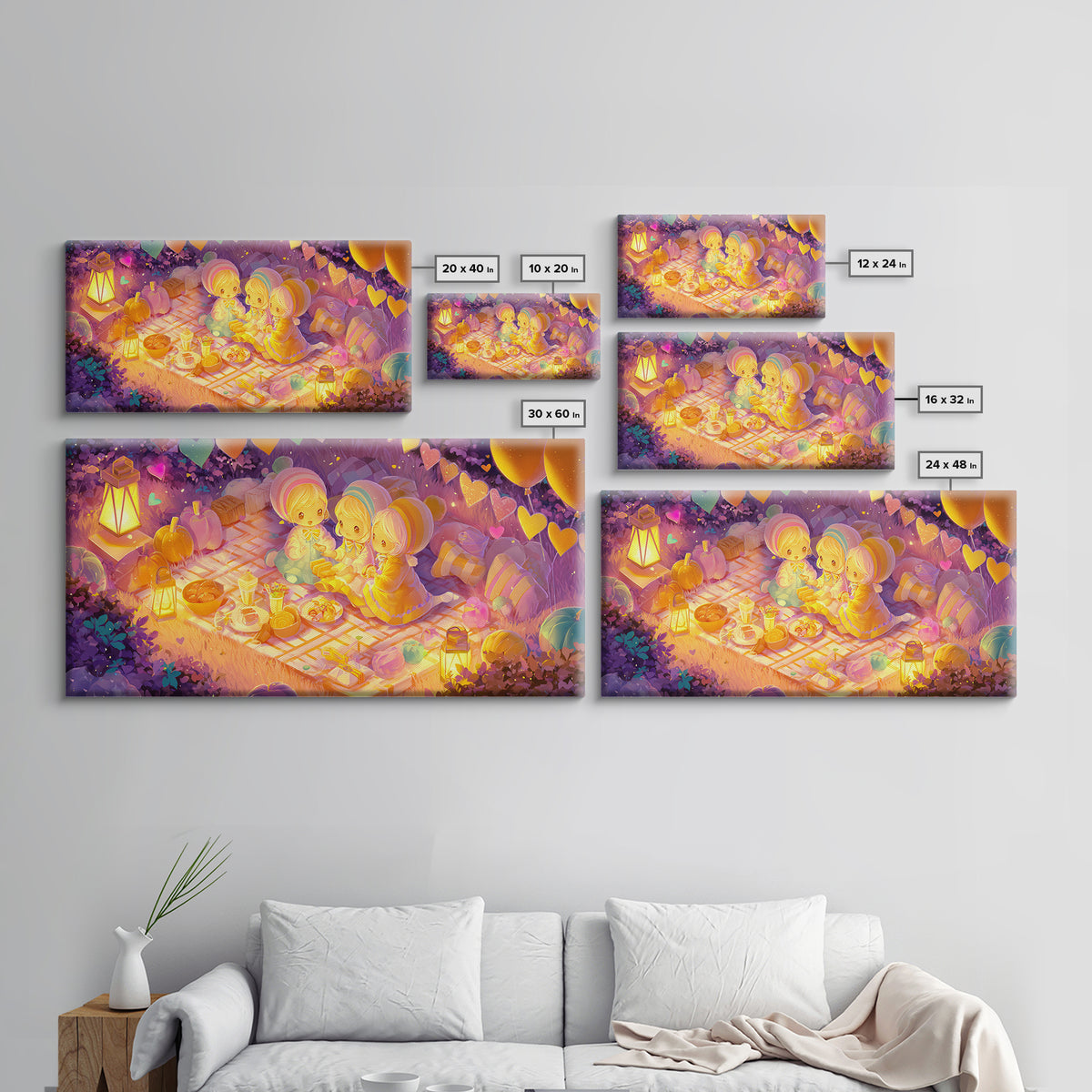 The Candy Corn Picnic, Synthwave Halloween Art, Wide Panoramic Art, Framed Canvas Print, Retro Halloween Decor, Neon Wall Art