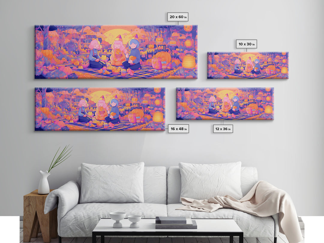 The Candy Corn Picnic, Cute Spooky Neon Art, Extra Wide Wall Art, Canvas Print, Retro Halloween Decor, Neon Wall Art, Gothic Home Decor