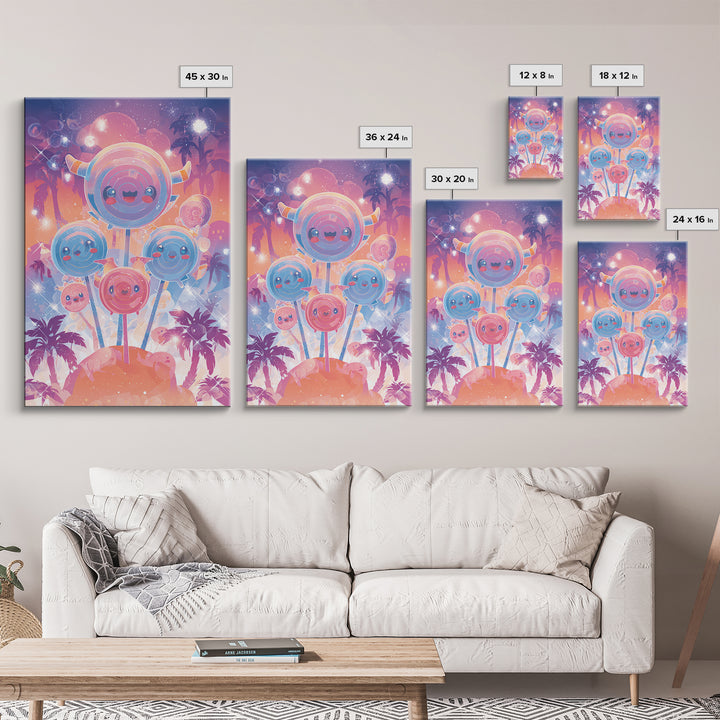 The Friendly Lollipop Monsters, Synthwave Halloween Art, Vertical Wall Art, Canvas Print, Retro Halloween Decor, Neon Wall Art