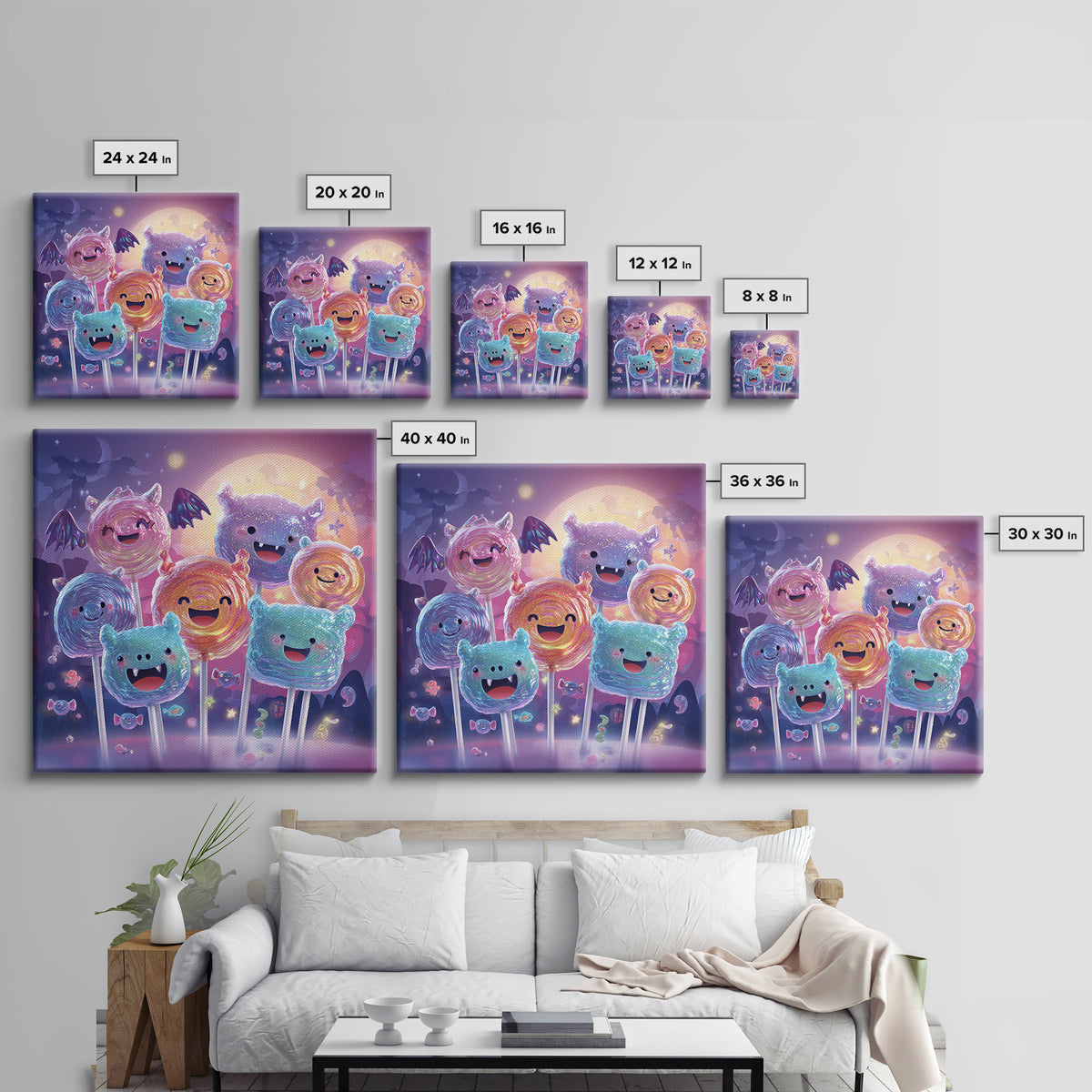 The Friendly Lollipop Monsters, Retro Neon Halloween Art, Square Wall Art, Framed Canvas Print, Retro Halloween Decor, Neon Wall Art