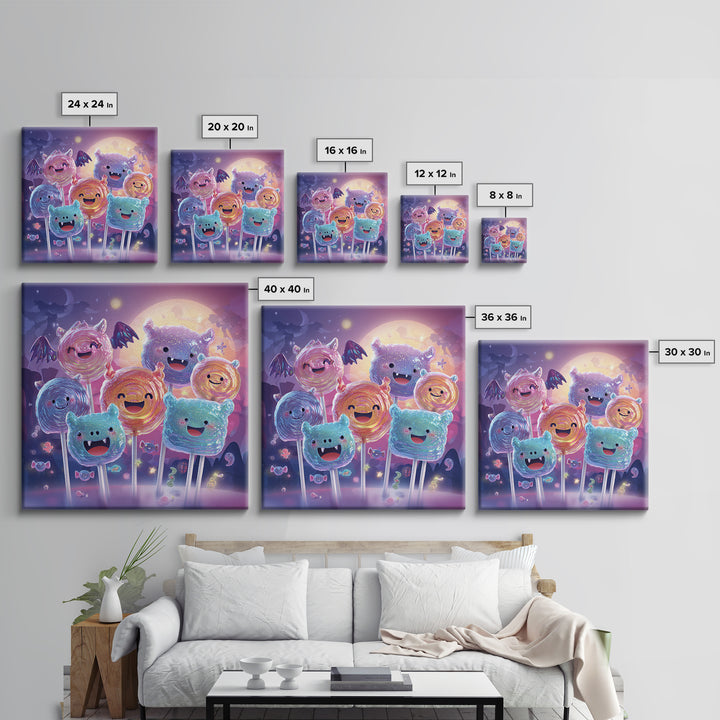 The Friendly Lollipop Monsters, Retro Neon Halloween Art, Square Wall Art, Framed Canvas Print, Retro Halloween Decor, Neon Wall Art