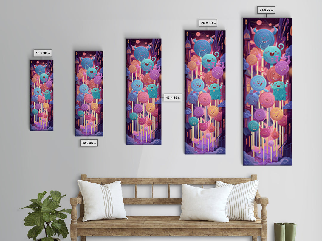 The Friendly Lollipop Monsters, Cute Spooky Neon Art, Tall Narrow Wall Art, Framed Canvas Print, Retro Halloween Decor, Neon Wall Art