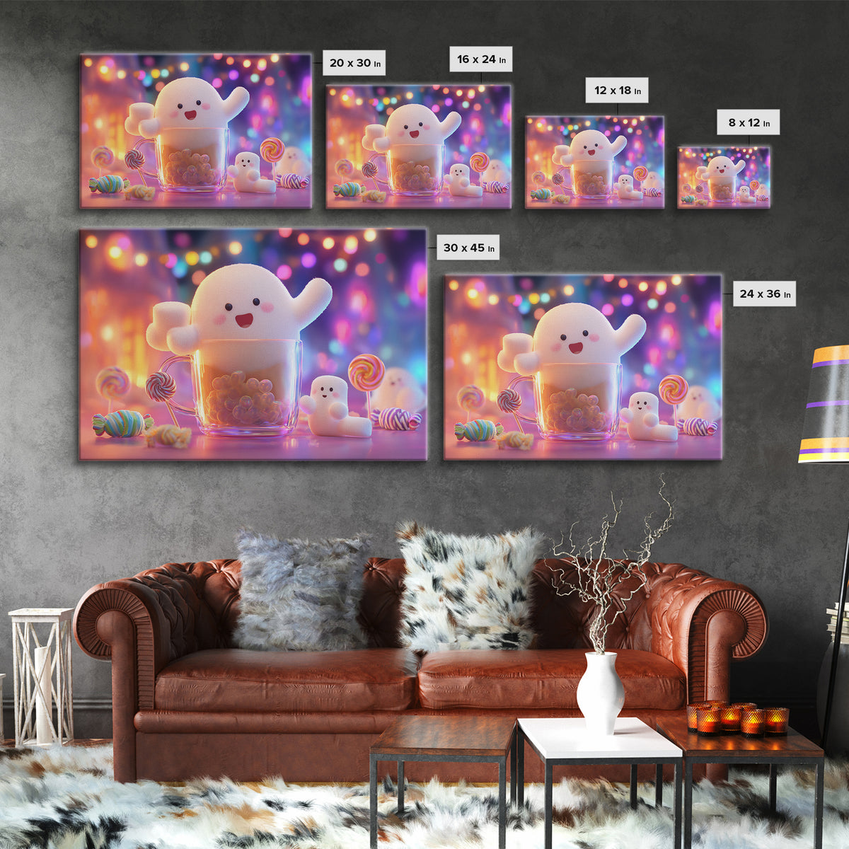 The Marshmallow Ghost Choir, Synthwave Halloween Art, Landscape Wall Art, Canvas Print, Retro Halloween Decor, Neon Wall Art