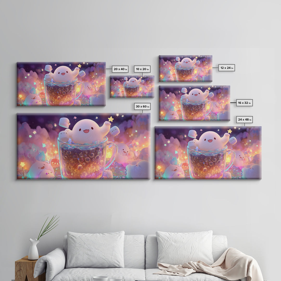 The Marshmallow Ghost Choir, 80s Halloween Wall Art, Wide Panoramic Art, Framed Canvas Print, Retro Halloween Decor, Neon Wall Art