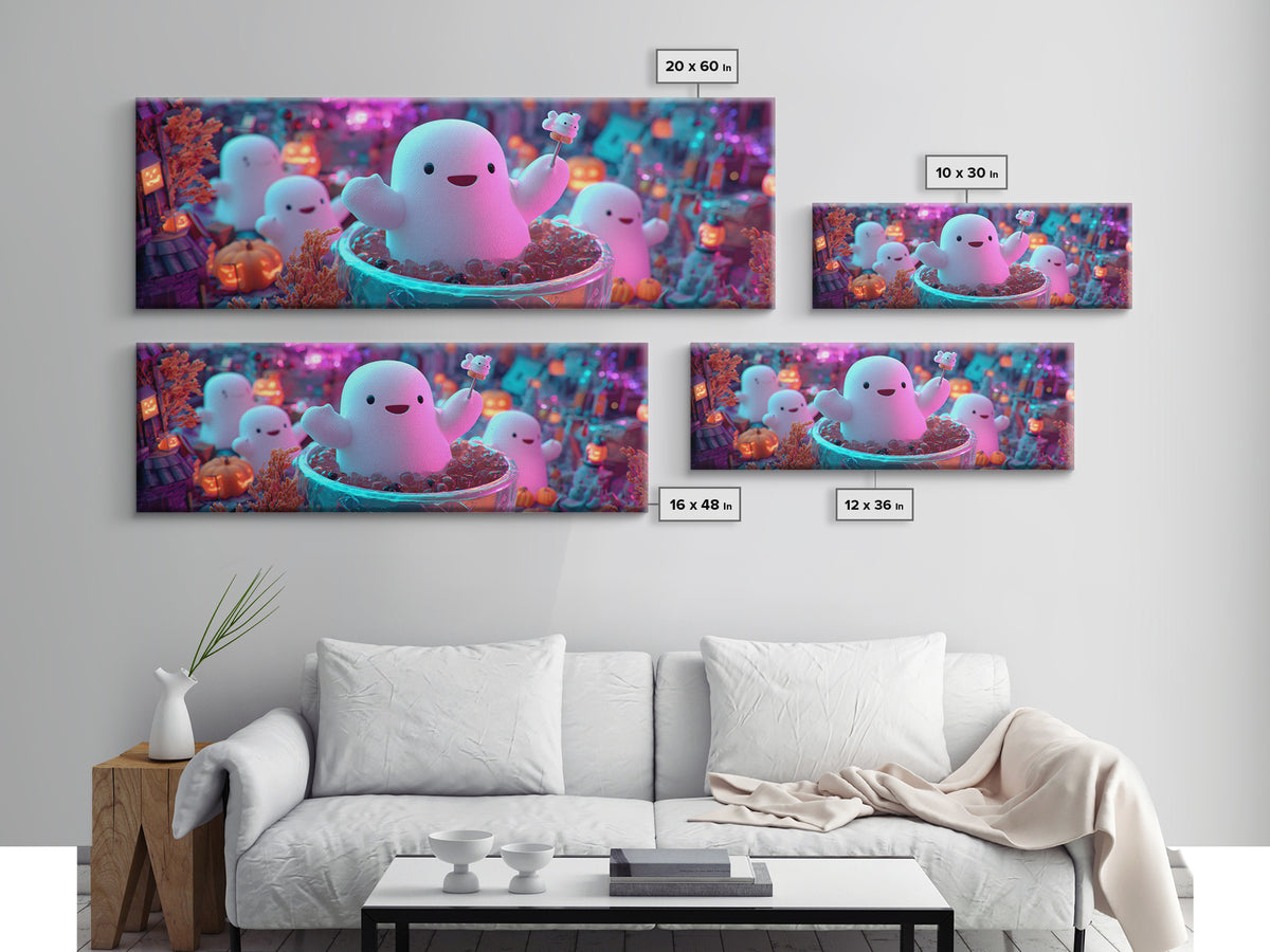 The Marshmallow Ghost Choir, Synthwave Halloween Art, Extra Wide Wall Art, Framed Canvas Print, Retro Halloween Decor, Neon Wall Art