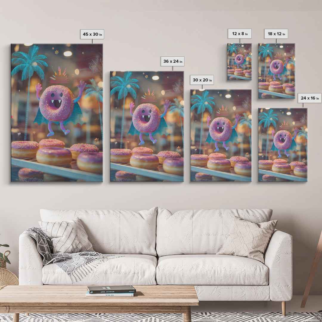 The Donut Vampire Family, Vaporwave Halloween Decor, Vertical Wall Art, Canvas Print, Retro Halloween Decor, Neon Wall Art, Macabre Wall Art