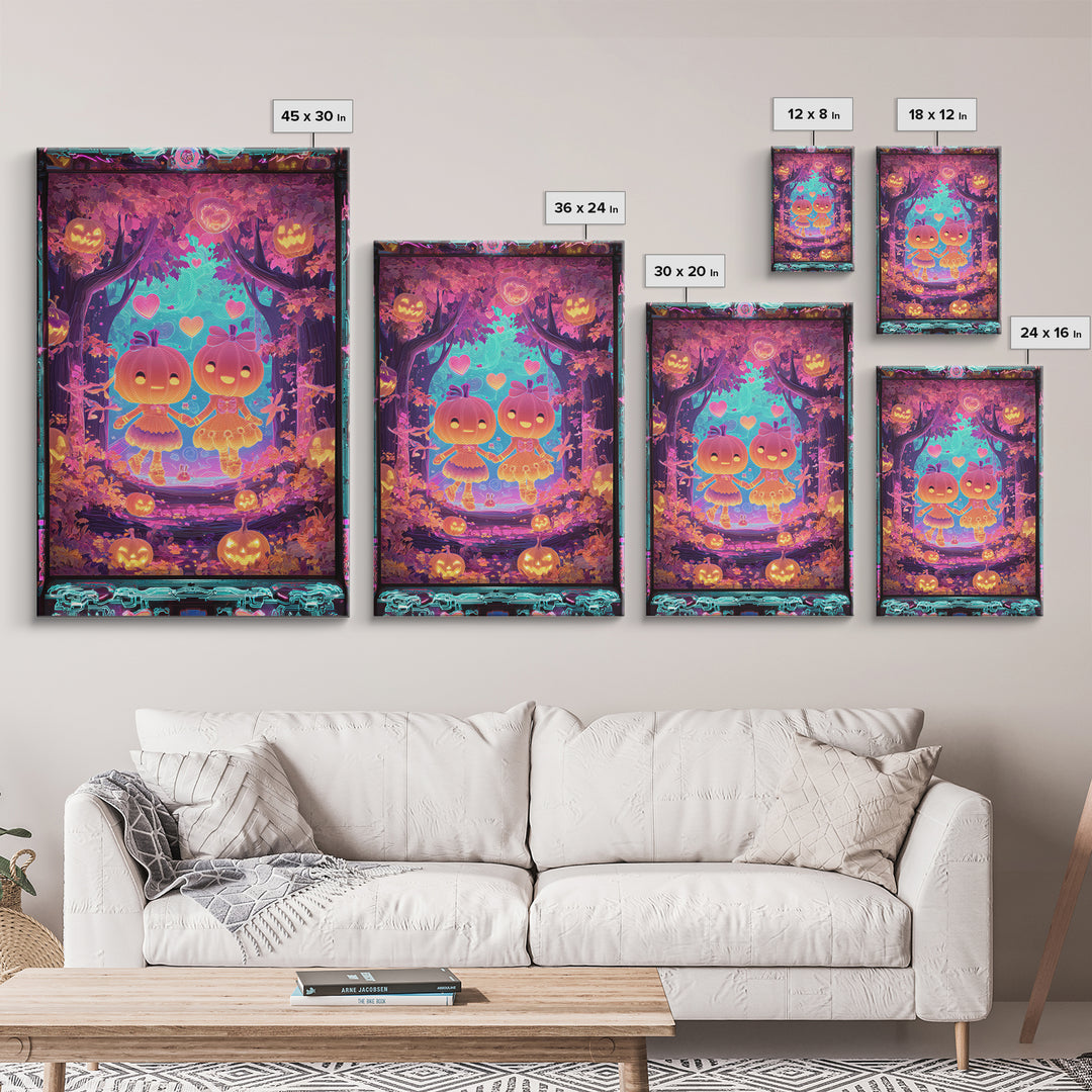The Caramel Apple Friends, Synthwave Halloween Art, Vertical Wall Art, Framed Canvas Print, Retro Halloween Decor, Neon Wall Art