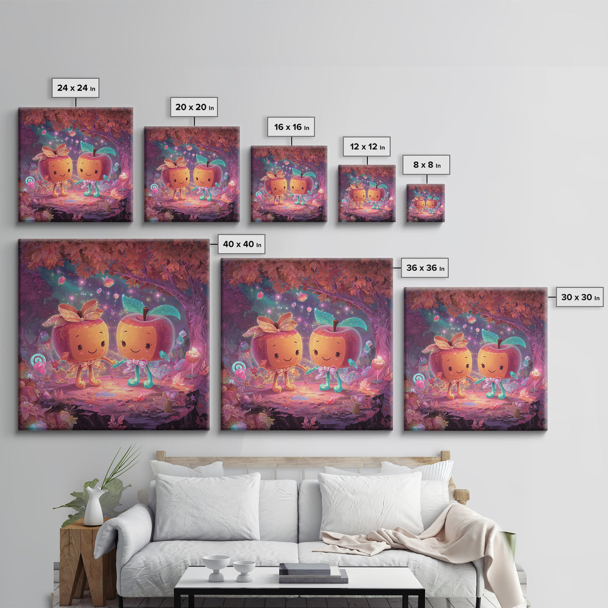 The Caramel Apple Friends, Cute Spooky Neon Art, Square Wall Art, Framed Canvas Print, Retro Halloween Decor, Neon Wall Art