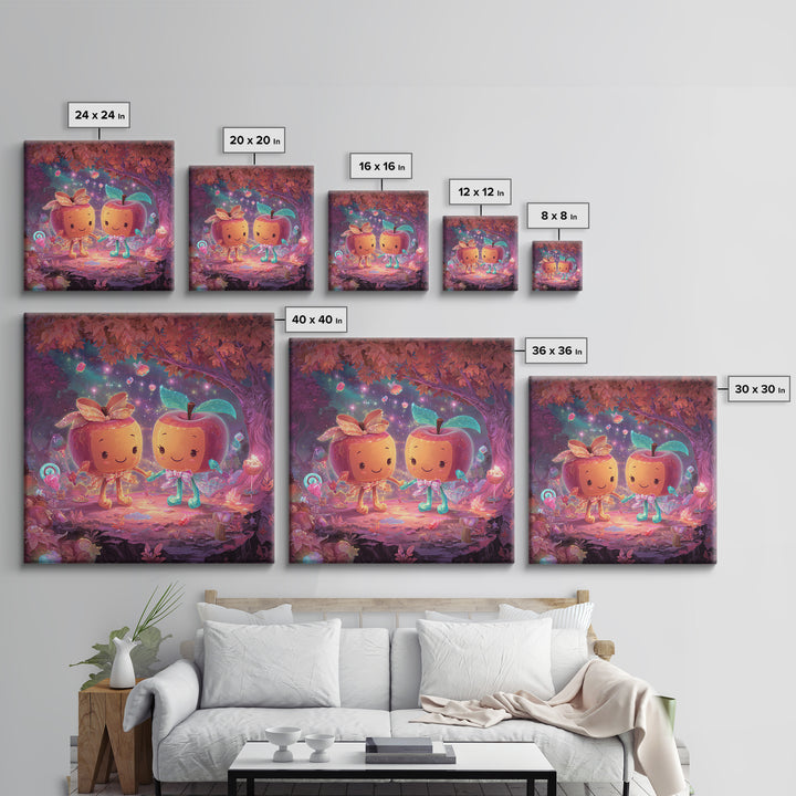 The Caramel Apple Friends, Cute Spooky Neon Art, Square Wall Art, Framed Canvas Print, Retro Halloween Decor, Neon Wall Art