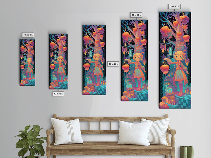 The Caramel Apple Friends, Synthwave Halloween Art, Tall Narrow Wall Art, Canvas Print, Retro Halloween Decor, Neon Wall Art