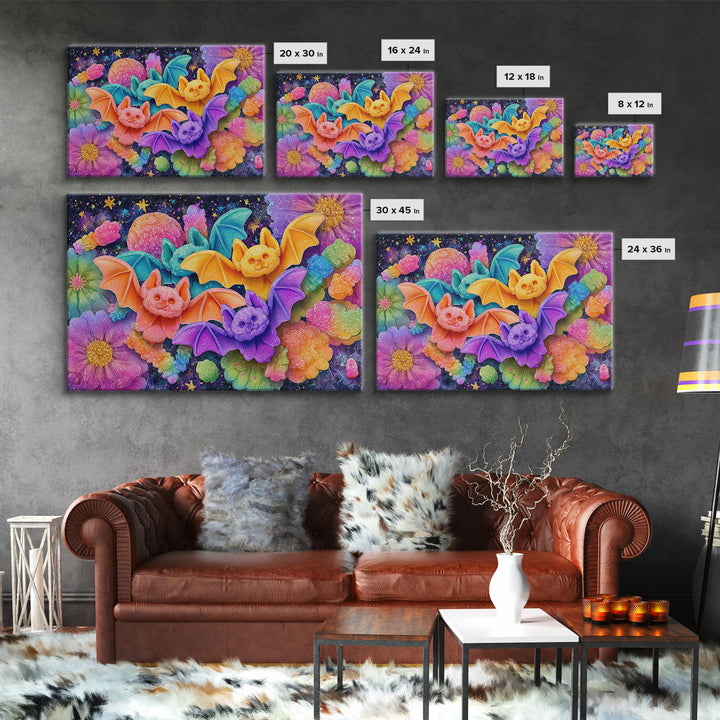 The Gummy Bat Garden, 80s Halloween Wall Art, Landscape Wall Art, Framed Canvas Print, Retro Halloween Decor, Neon Wall Art
