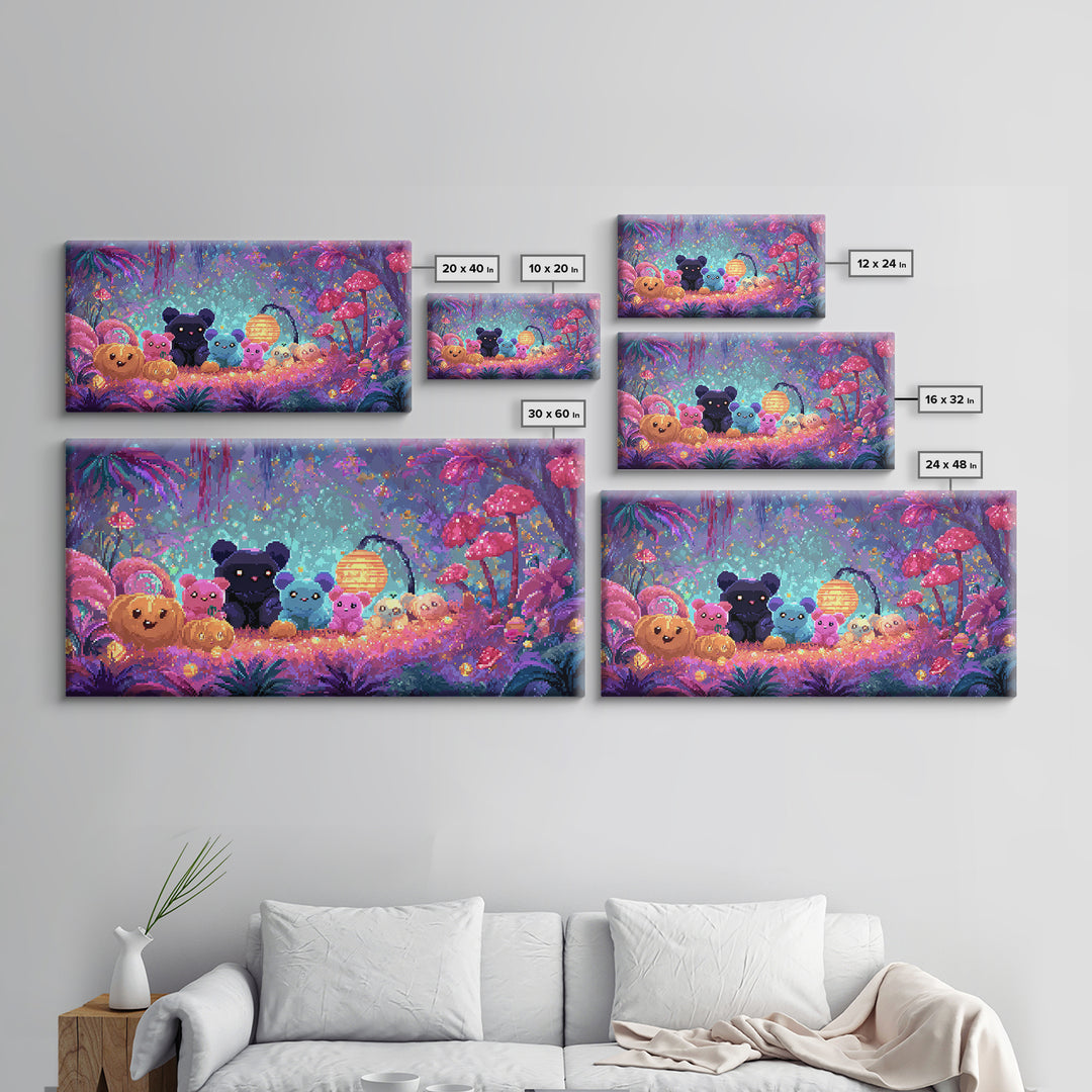The Gummy Bat Garden, 80s Halloween Wall Art, Wide Panoramic Art, Framed Canvas Print, Retro Halloween Decor, Neon Wall Art
