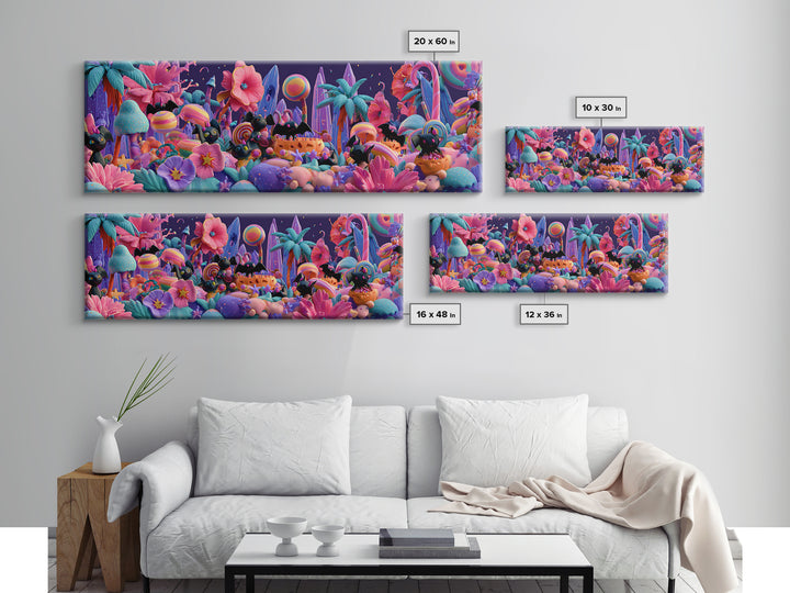 The Gummy Bat Garden, Cute Spooky Neon Art, Extra Wide Wall Art, Canvas Print, Retro Halloween Decor, Neon Wall Art, Horror Wall Art
