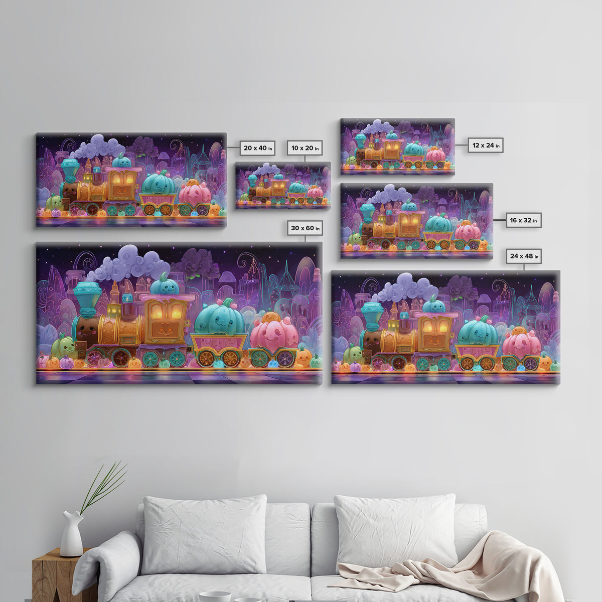 The Chocolate Pumpkin Train, 80s Halloween Wall Art, Wide Panoramic Art, Canvas Print, Retro Halloween Decor, Neon Wall Art