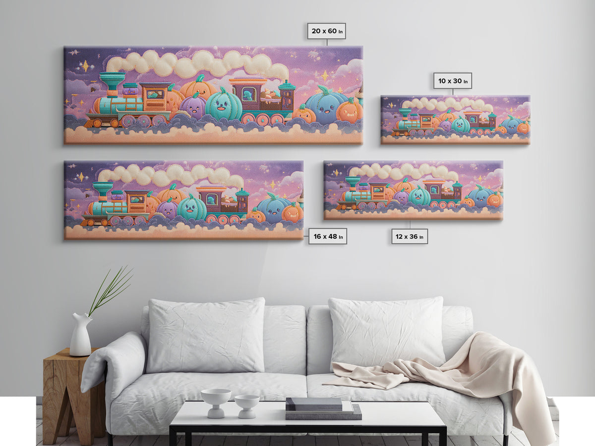 The Chocolate Pumpkin Train, 80s Halloween Wall Art, Extra Wide Wall Art, Framed Canvas Print, Retro Halloween Decor, Neon Wall Art