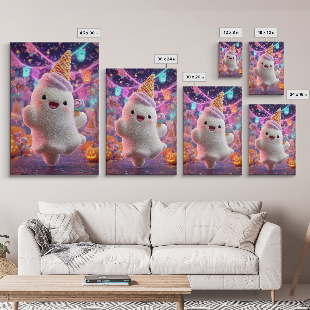 The Ice-Cream Ghost Parade, 80s Halloween Wall Art, Vertical Wall Art, Canvas Print, Retro Halloween Decor, Neon Wall Art, Dark Fantasy Art
