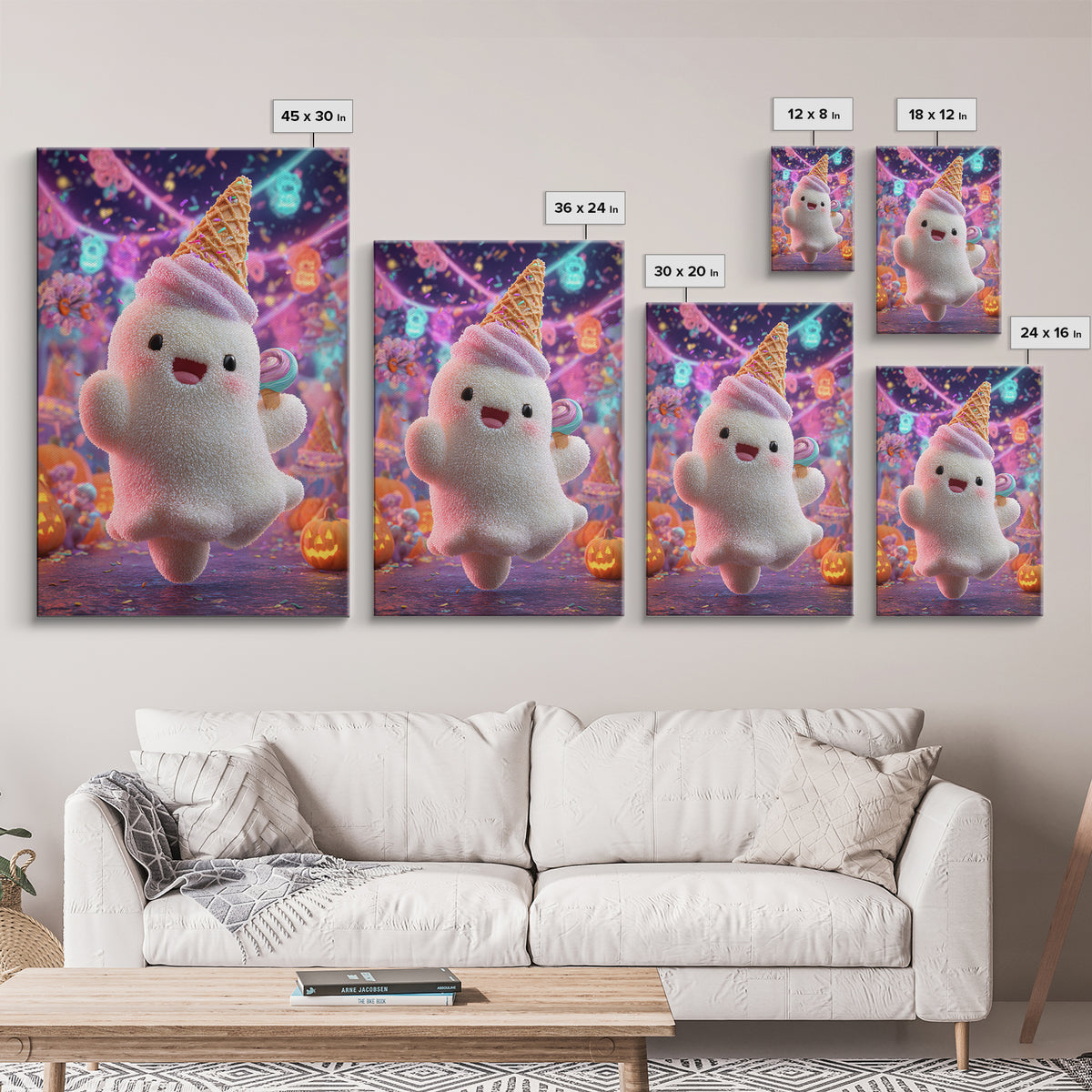 The Ice-Cream Ghost Parade, 80s Halloween Wall Art, Vertical Wall Art, Canvas Print, Retro Halloween Decor, Neon Wall Art, Dark Fantasy Art