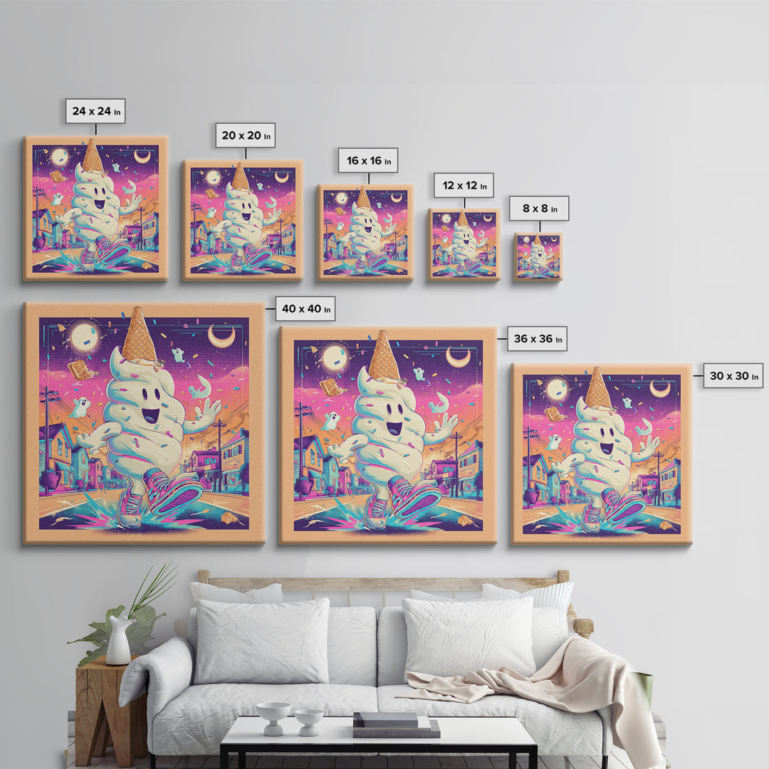 The Ice-Cream Ghost Parade, Vaporwave Halloween Decor, Square Wall Art, Canvas Print, Retro Halloween Decor, Neon Wall Art