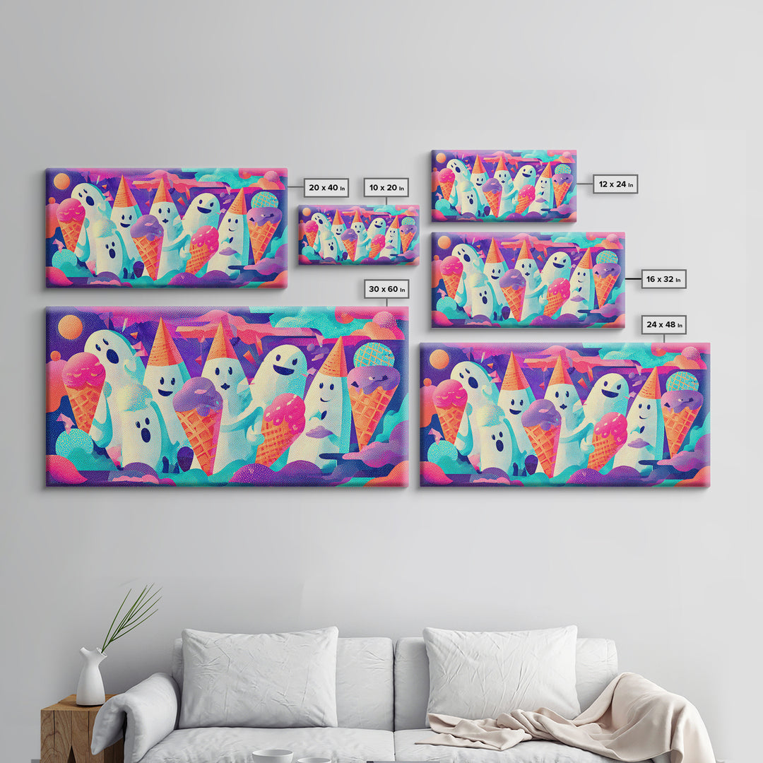 The Ice-Cream Ghost Parade, Vaporwave Halloween Decor, Wide Panoramic Art, Framed Canvas Print, Retro Halloween Decor, Neon Wall Art