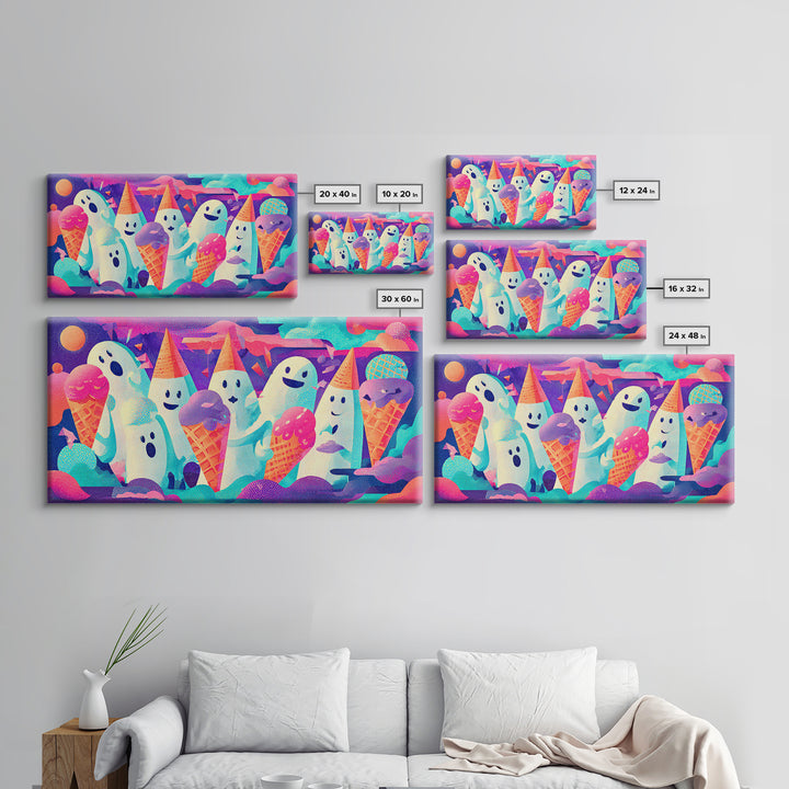 The Ice-Cream Ghost Parade, Vaporwave Halloween Decor, Wide Panoramic Art, Framed Canvas Print, Retro Halloween Decor, Neon Wall Art
