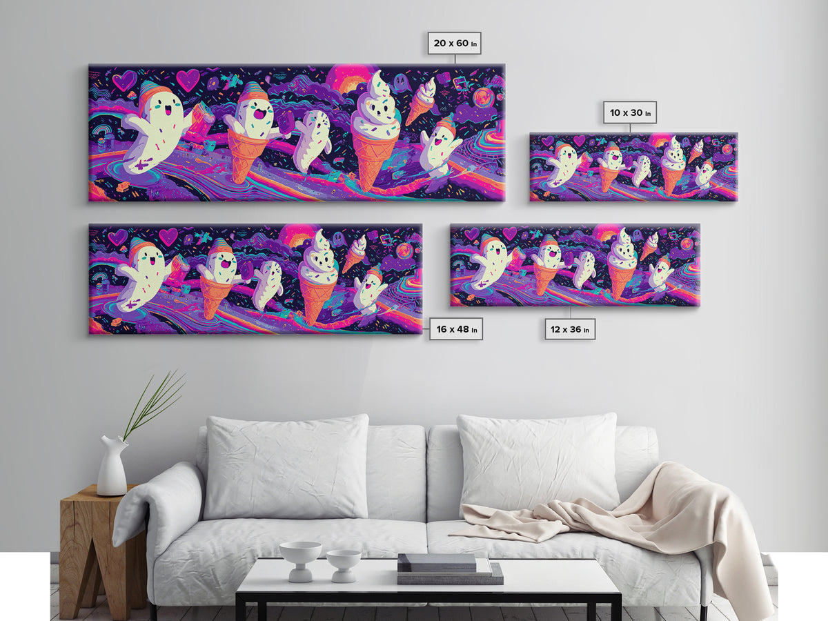 The Ice-Cream Ghost Parade, Retro Neon Halloween Art, Extra Wide Wall Art, Framed Canvas Print, Retro Halloween Decor, Neon Wall Art