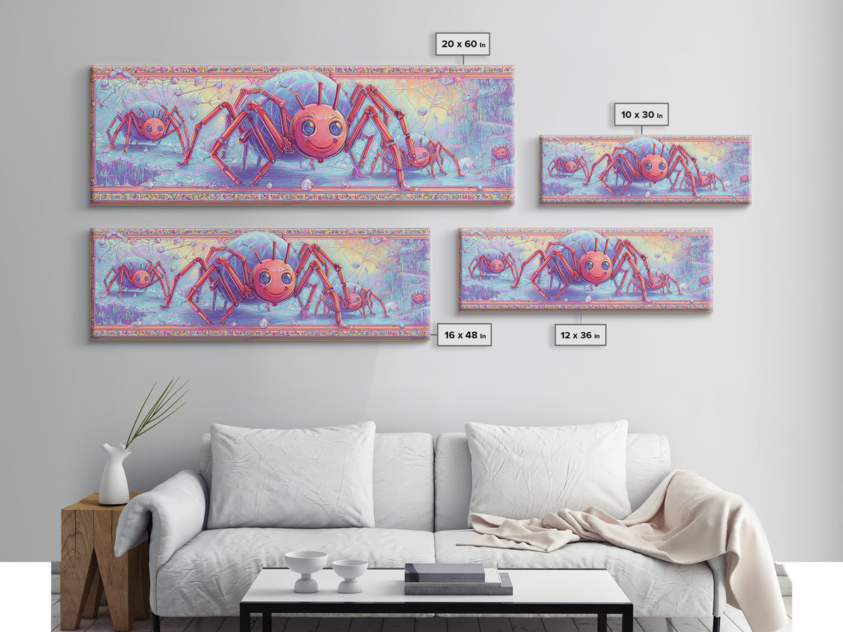The Licorice Spider Family, Cute Spooky Neon Art, Extra Wide Wall Art, Framed Canvas Print, Retro Halloween Decor, Neon Wall Art