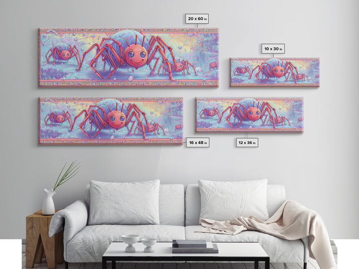 The Licorice Spider Family, Cute Spooky Neon Art, Extra Wide Wall Art, Framed Canvas Print, Retro Halloween Decor, Neon Wall Art