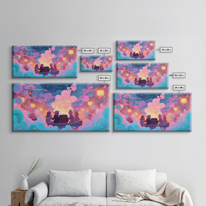The Cotton-Candy Cauldron, Retro Neon Halloween Art, Wide Panoramic Art, Canvas Print, Retro Halloween Decor, Neon Wall Art
