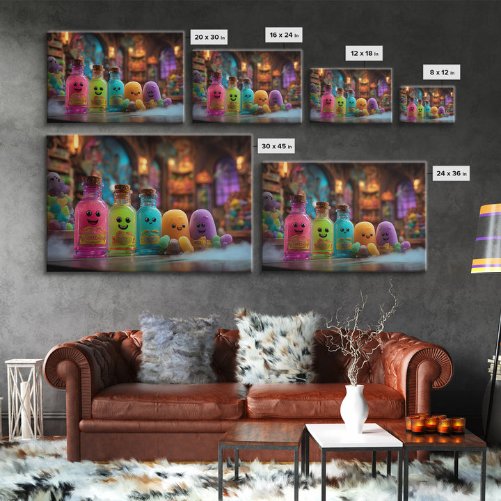 The Jellybean Potion Shop, Retro Neon Halloween Art, Landscape Wall Art, Canvas Print, Retro Halloween Decor, Neon Wall Art