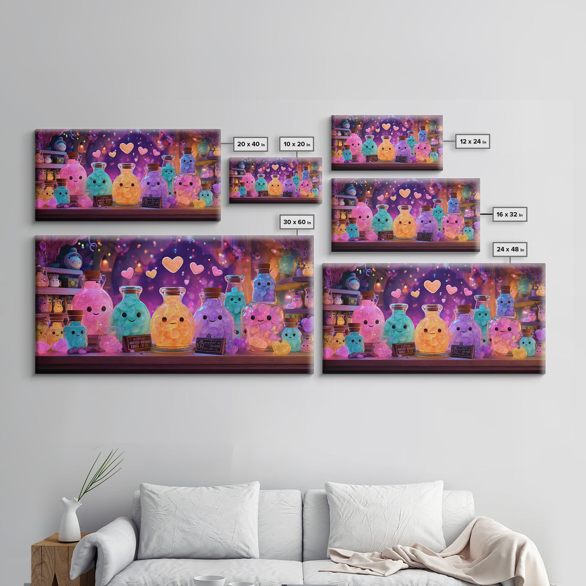 The Jellybean Potion Shop, Cute Spooky Neon Art, Wide Panoramic Art, Canvas Print, Retro Halloween Decor, Neon Wall Art, Statement Wall Art