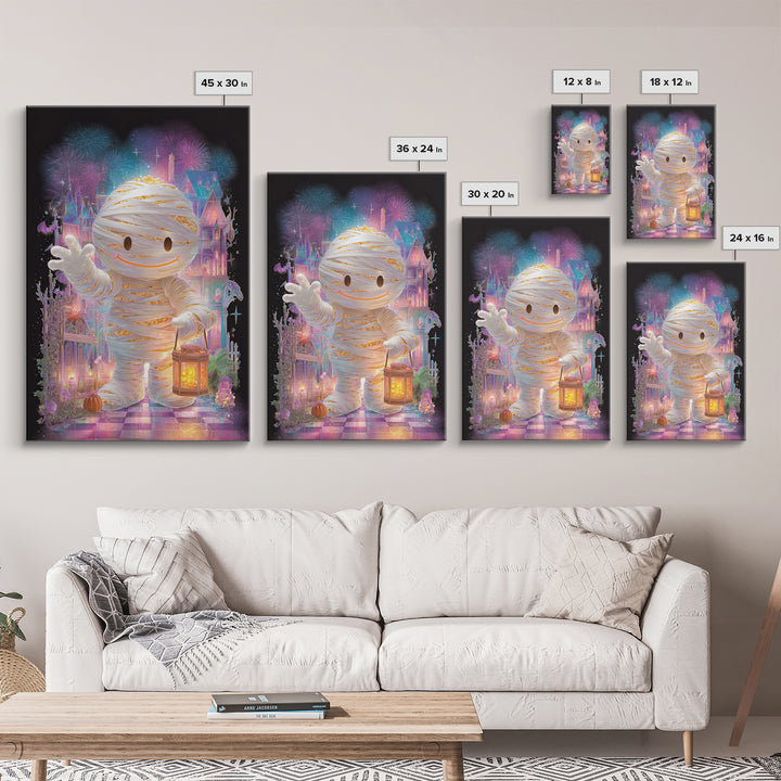 The Popcorn Mummy, Cute Spooky Neon Art, Vertical Wall Art, Framed Canvas Print, Retro Halloween Decor, Neon Wall Art, Spooky Wall Decor