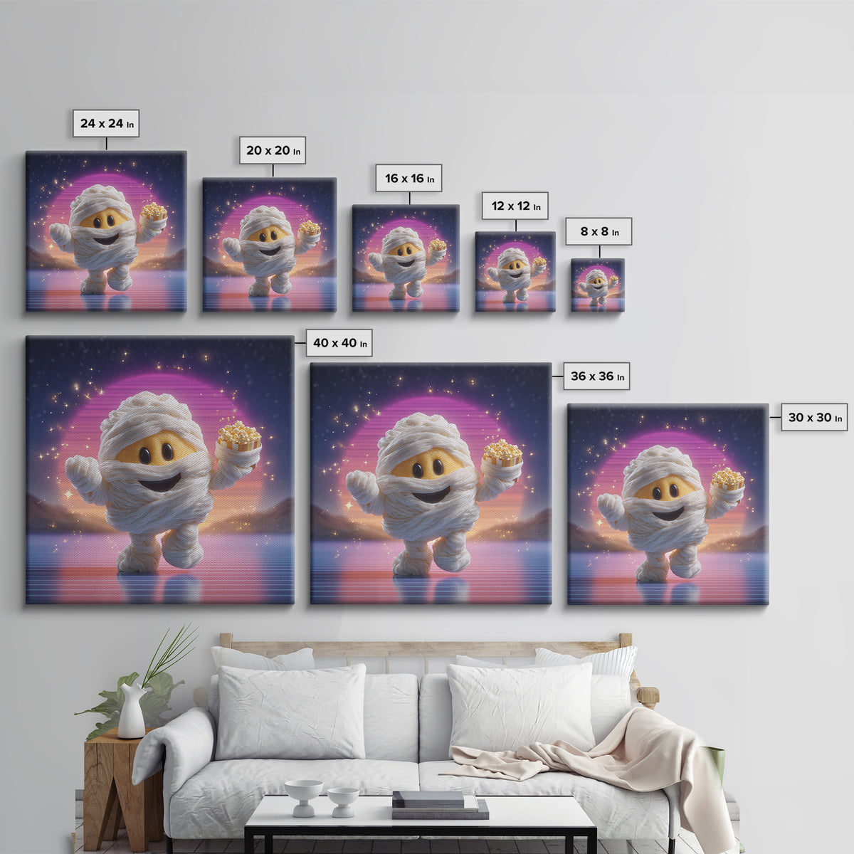 The Popcorn Mummy, 80s Halloween Wall Art, Square Wall Art, Canvas Print, Retro Halloween Decor, Neon Wall Art, Macabre Wall Art