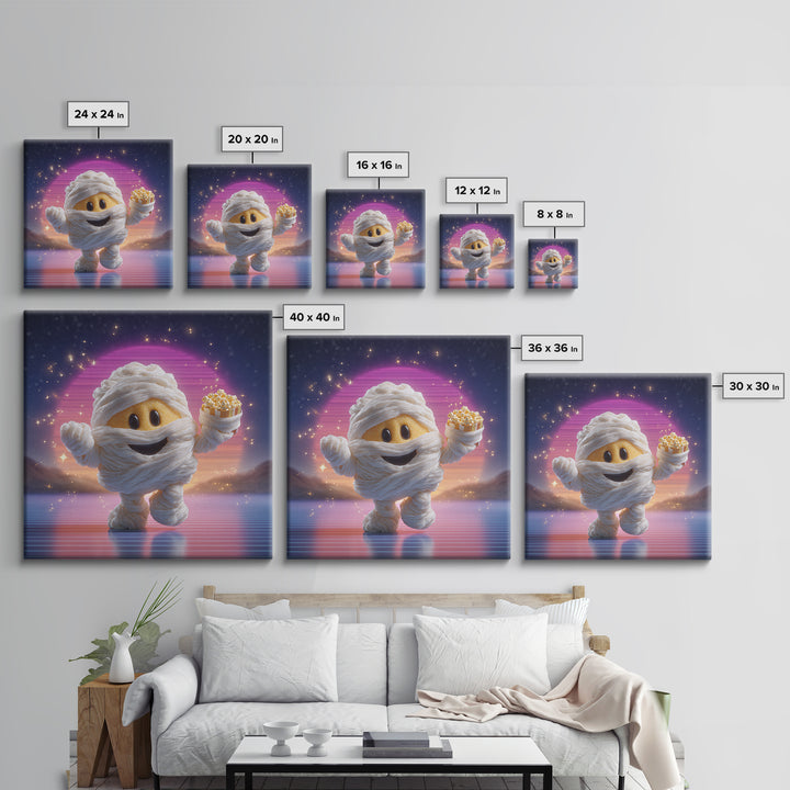 The Popcorn Mummy, 80s Halloween Wall Art, Square Wall Art, Canvas Print, Retro Halloween Decor, Neon Wall Art, Macabre Wall Art
