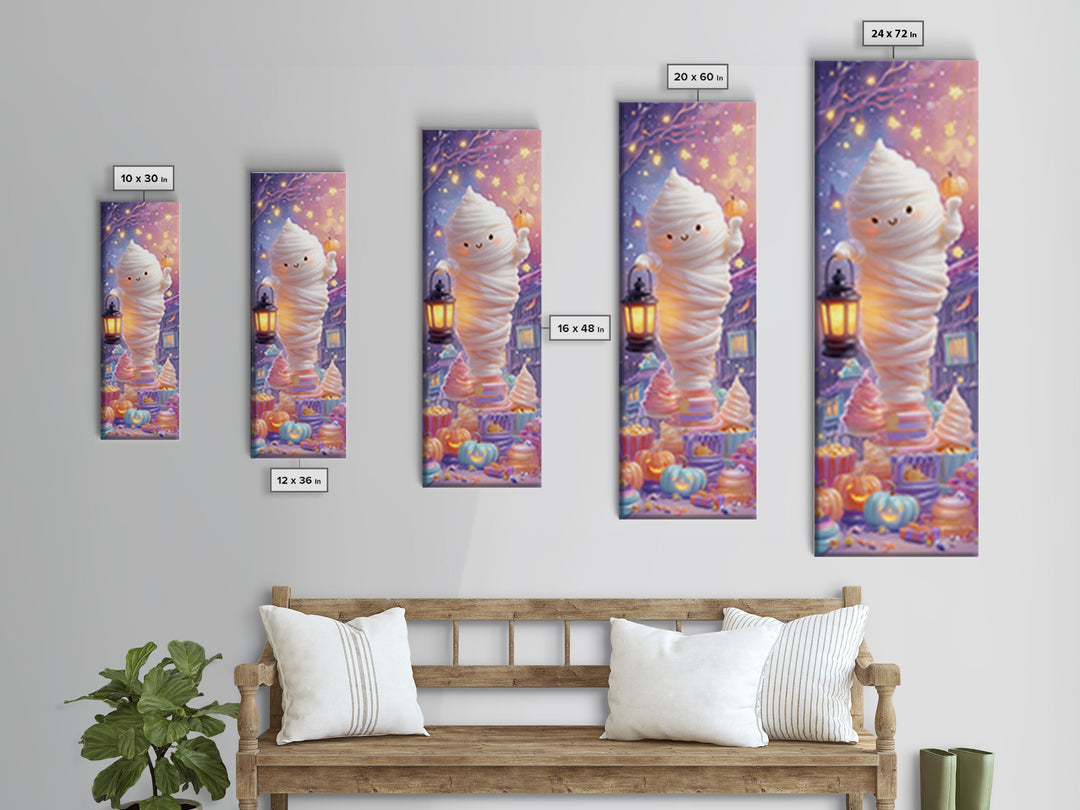 The Popcorn Mummy, Cute Spooky Neon Art, Tall Narrow Wall Art, Canvas Print, Retro Halloween Decor, Neon Wall Art, Dark Fantasy Art