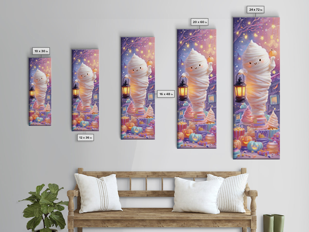 The Popcorn Mummy, Cute Spooky Neon Art, Tall Narrow Wall Art, Canvas Print, Retro Halloween Decor, Neon Wall Art, Dark Fantasy Art