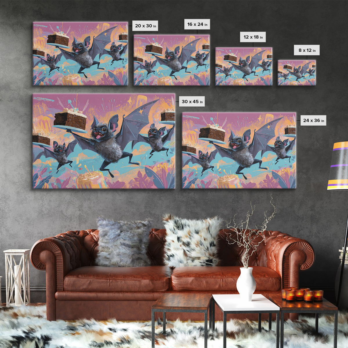 The Brownie Bat Bakery, Synthwave Halloween Art, Landscape Wall Art, Canvas Print, Retro Halloween Decor, Neon Wall Art