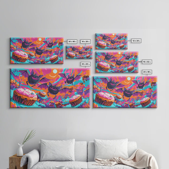 The Brownie Bat Bakery, Cute Spooky Neon Art, Wide Panoramic Art, Framed Canvas Print, Retro Halloween Decor, Neon Wall Art