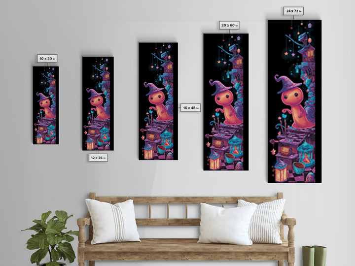 The Cinnamon-Roll Snail Witch, 80s Halloween Wall Art, Tall Narrow Wall Art, Framed Canvas Print, Retro Halloween Decor, Neon Wall Art