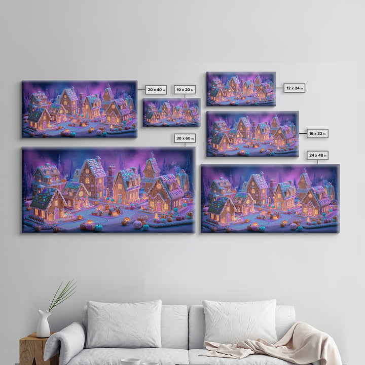 The Halloween Gingerbread Village, Retro Neon Halloween Art, Wide Panoramic Art, Framed Canvas Print, Retro Halloween Decor, Neon Wall Art