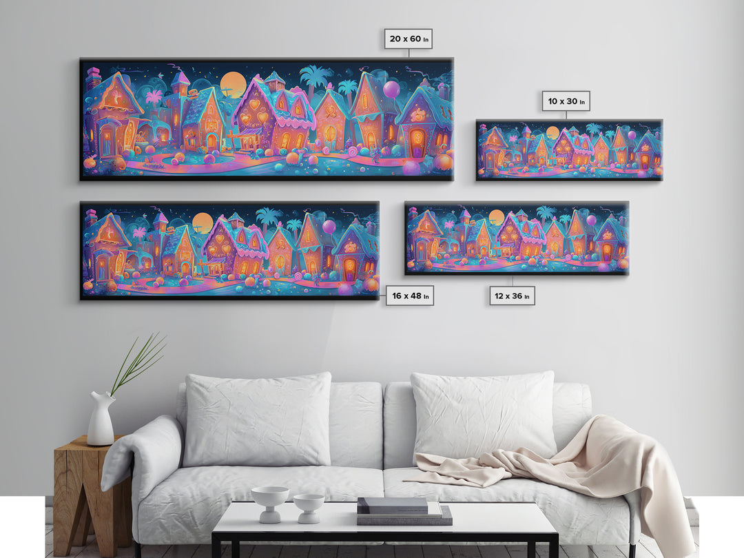The Halloween Gingerbread Village, Retro Neon Halloween Art, Extra Wide Wall Art, Framed Canvas Print, Retro Halloween Decor, Neon Wall Art
