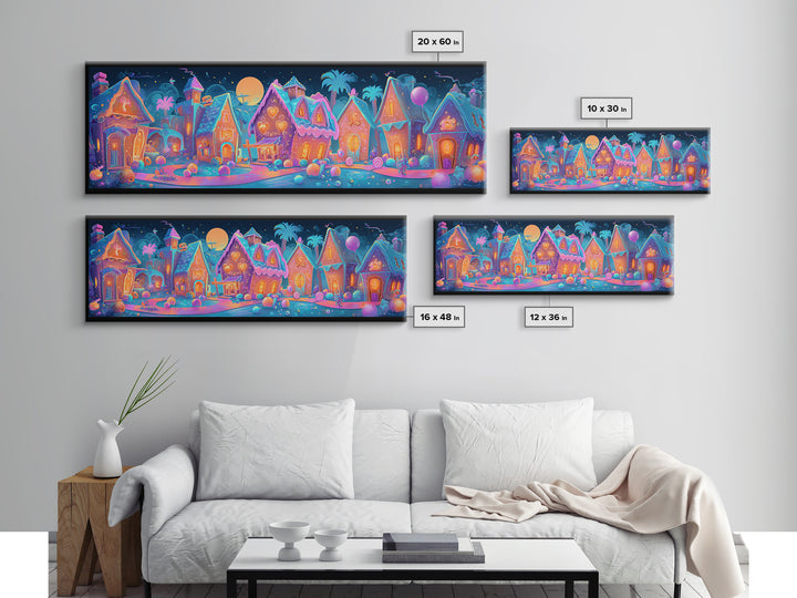 The Halloween Gingerbread Village, Retro Neon Halloween Art, Extra Wide Wall Art, Framed Canvas Print, Retro Halloween Decor, Neon Wall Art