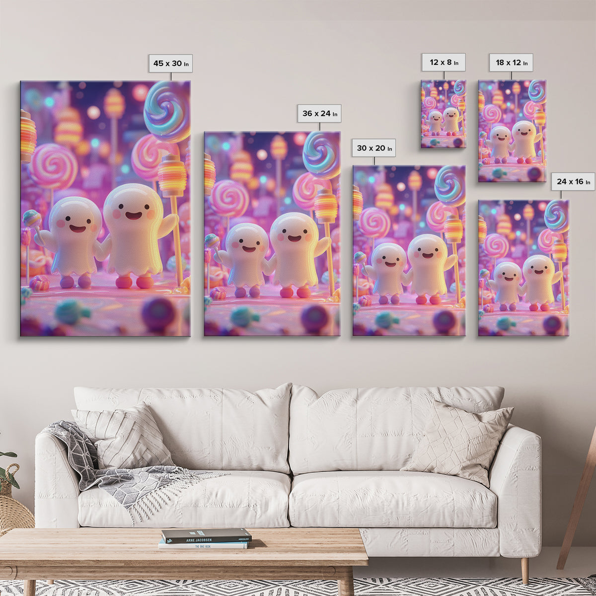 The Ghost Balloon Friend, Cute Spooky Neon Art, Vertical Wall Art, Framed Canvas Print, Retro Halloween Decor, Neon Wall Art