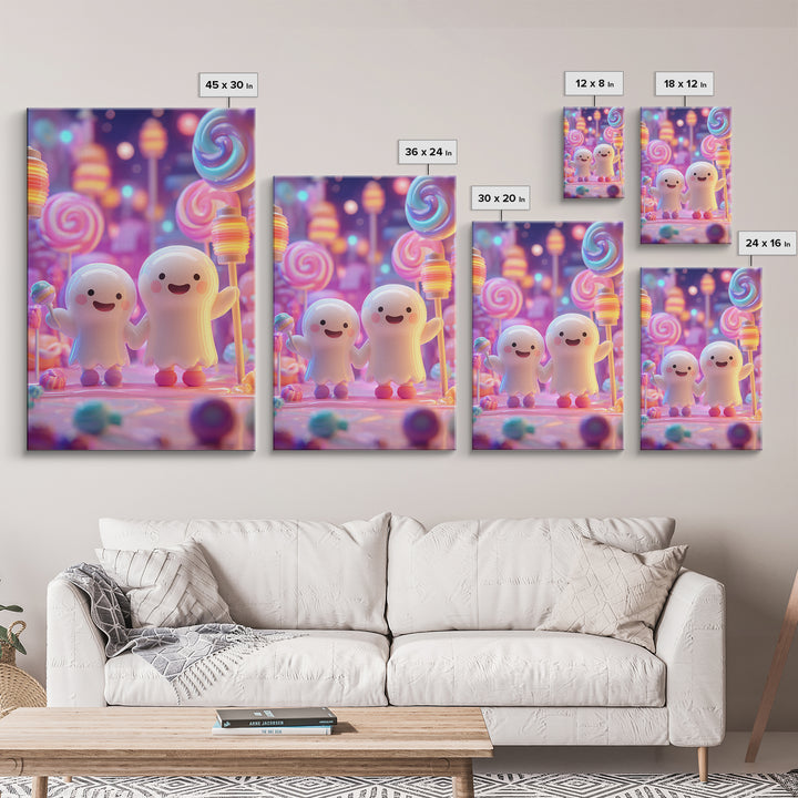 The Ghost Balloon Friend, Cute Spooky Neon Art, Vertical Wall Art, Framed Canvas Print, Retro Halloween Decor, Neon Wall Art