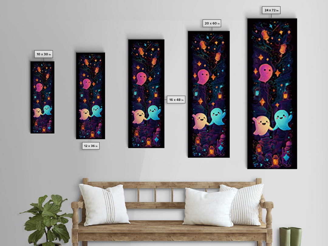 The Ghost Balloon Friend, 80s Halloween Wall Art, Tall Narrow Wall Art, Canvas Print, Retro Halloween Decor, Neon Wall Art