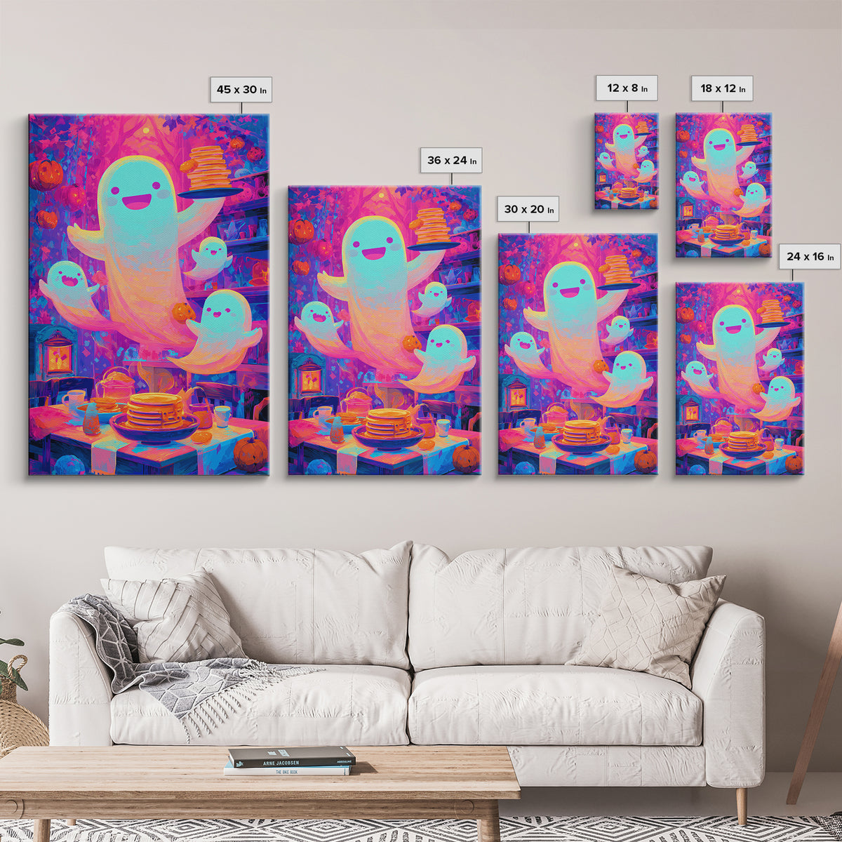 The Ghost Family Breakfast, Synthwave Halloween Art, Vertical Wall Art, Canvas Print, Retro Halloween Decor, Neon Wall Art